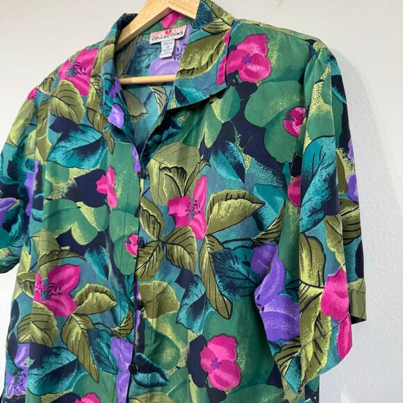 Vintage Women's Silk Shirt Large Floral Button Down Tropical Shoulder Pads 80s - Picture 7 of 10